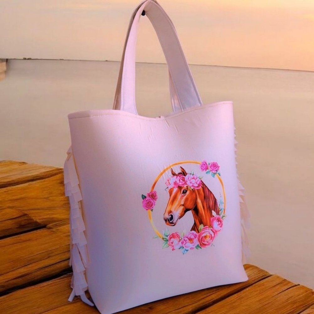 Elegant Horse Print Tote Bag - Soft Pink